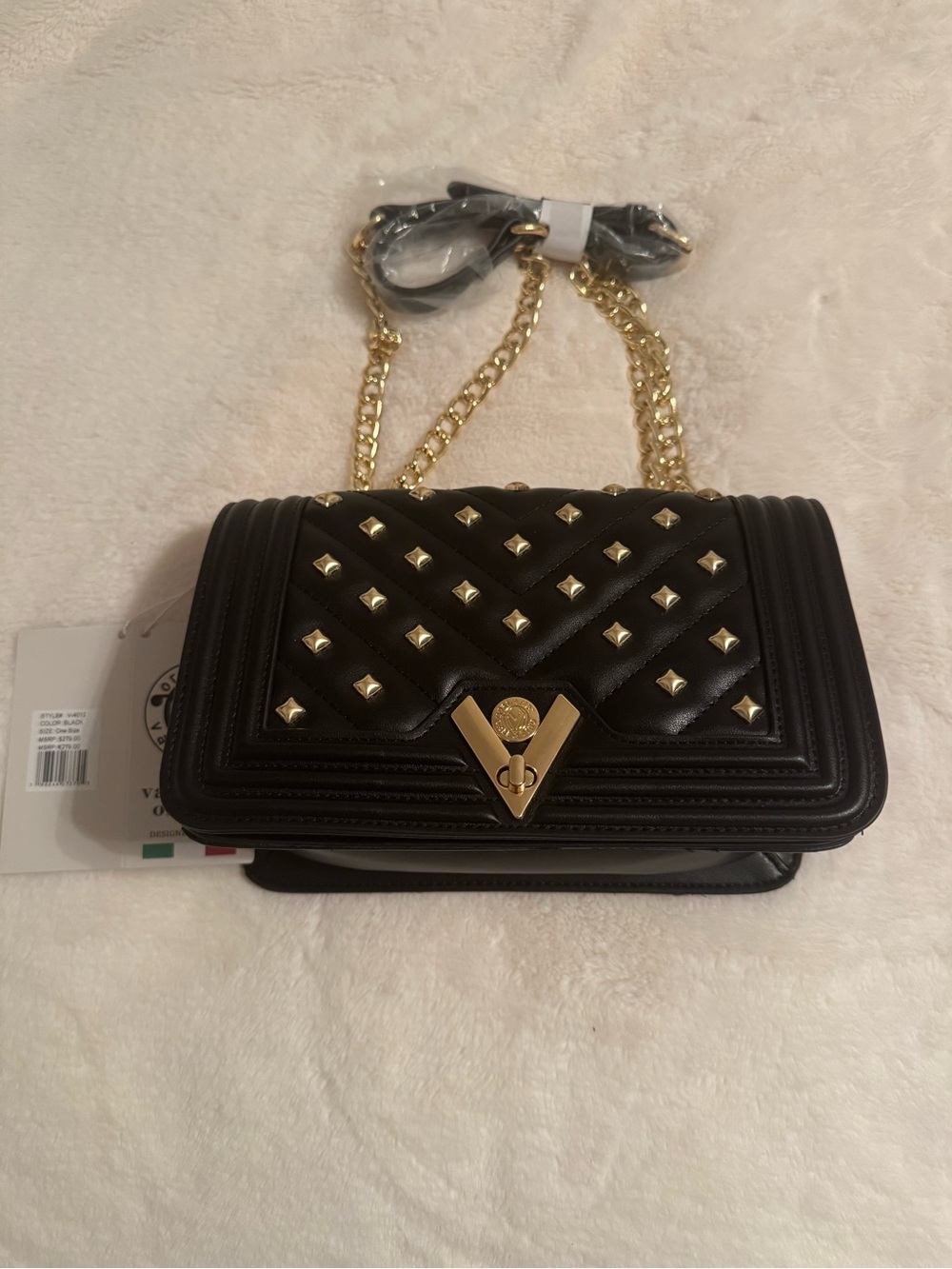 Valentino Orlandi Black Quilted Studded Shoulder Bag with Gold Chain NWT